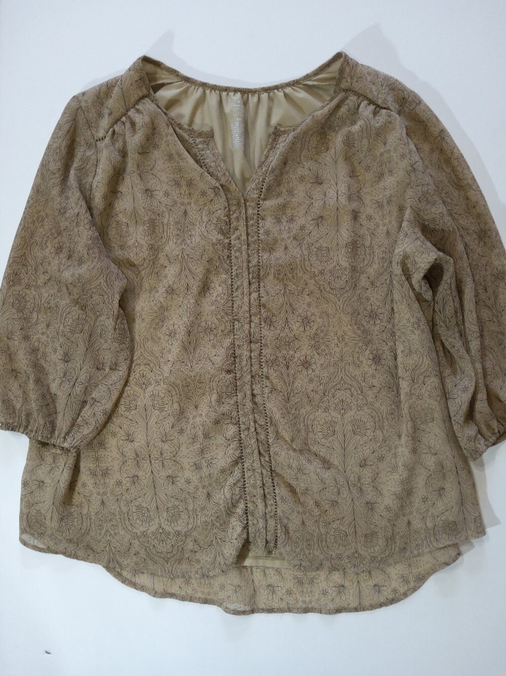 St. Johns Bay Tunic Top Womens Size 2X Tan Black Floral Old Money Classic